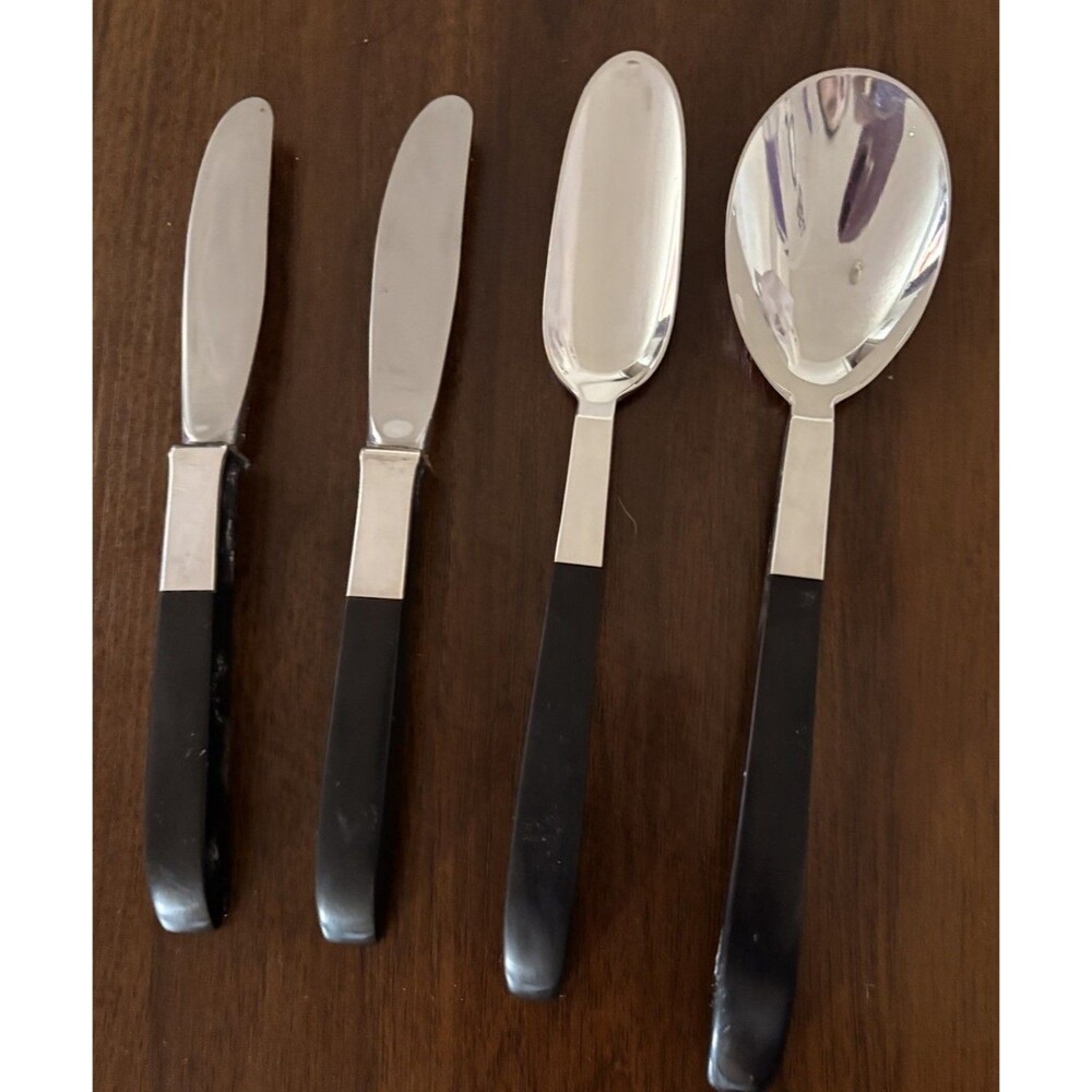 Vintage LUNT Contrast Sterling Silver.Ebony Serving Spoon,Seafood Spoon & Knives
